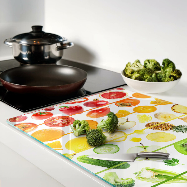 Tagliere in vetro con motivo di frutta e verdura nei colori dell'arcobaleno