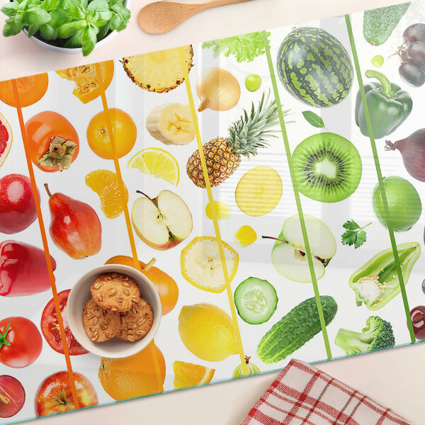 Tagliere in vetro con motivo di frutta e verdura nei colori dell'arcobaleno