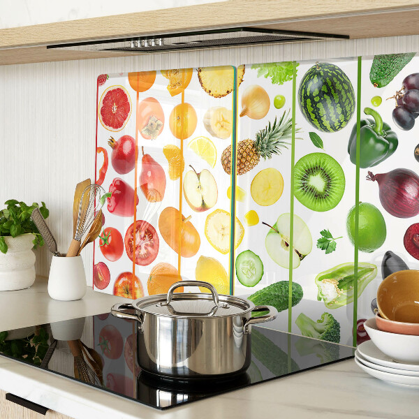 Tagliere in vetro con motivo di frutta e verdura nei colori dell'arcobaleno