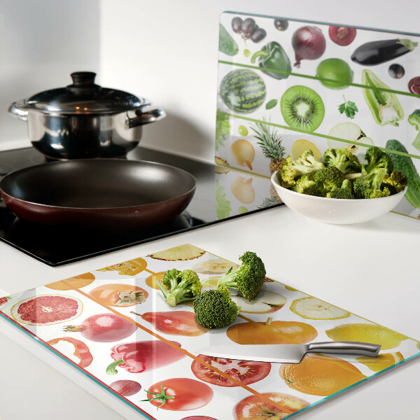 Tagliere in vetro con motivo di frutta e verdura nei colori dell'arcobaleno