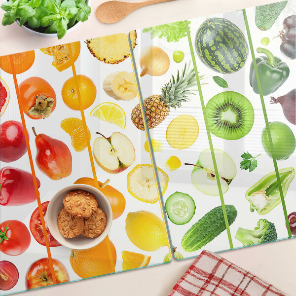 Tagliere in vetro con motivo di frutta e verdura nei colori dell'arcobaleno