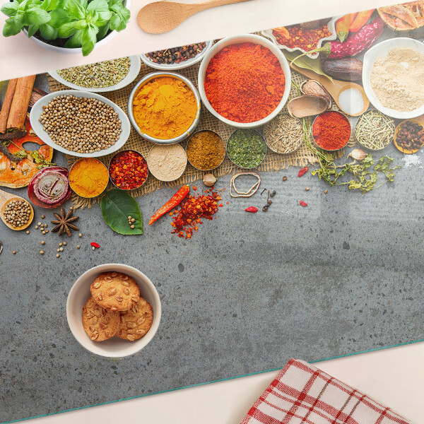 Tagliere in vetro temperato con decorazione a tema spezie ed erbe