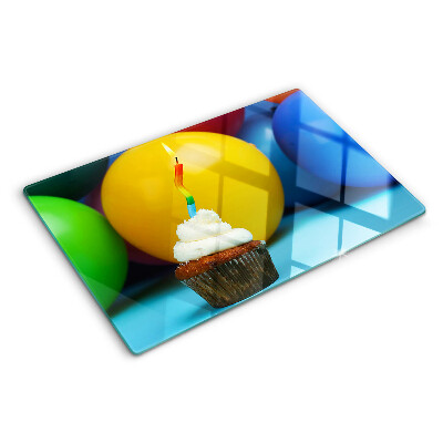 Tagliere in vetro temperato con stampa a tema cupcake di compleanno e palloncini