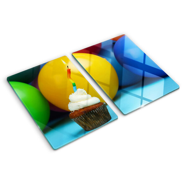 Tagliere in vetro temperato con stampa a tema cupcake di compleanno e palloncini