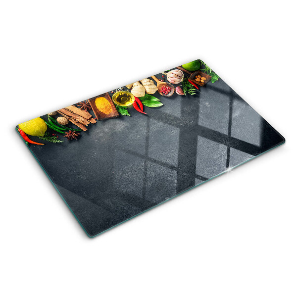 Tagliere in vetro temperato con decorazione a tema spezie da cucina e ingredienti