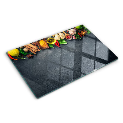 Tagliere in vetro temperato con decorazione a tema spezie da cucina e ingredienti