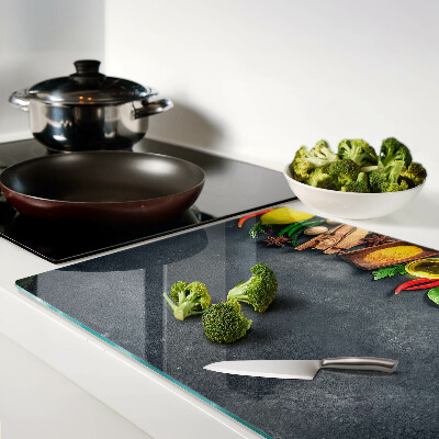 Tagliere in vetro temperato con decorazione a tema spezie da cucina e ingredienti