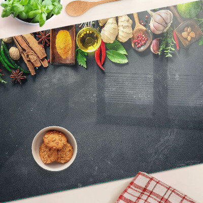 Tagliere in vetro temperato con decorazione a tema spezie da cucina e ingredienti
