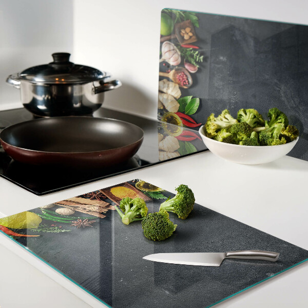 Tagliere in vetro temperato con decorazione a tema spezie da cucina e ingredienti