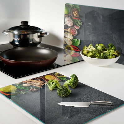 Tagliere in vetro temperato con decorazione a tema spezie da cucina e ingredienti