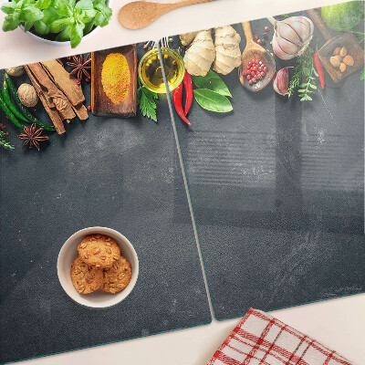 Tagliere in vetro temperato con decorazione a tema spezie da cucina e ingredienti