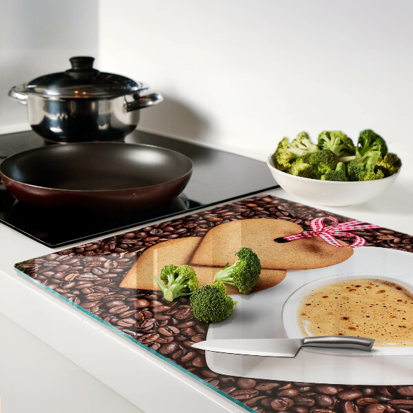 Tagliere in vetro temperato con stampa a tema caffè con cuore e biscotti