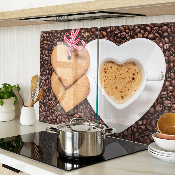 Tagliere in vetro temperato con stampa a tema caffè con cuore e biscotti