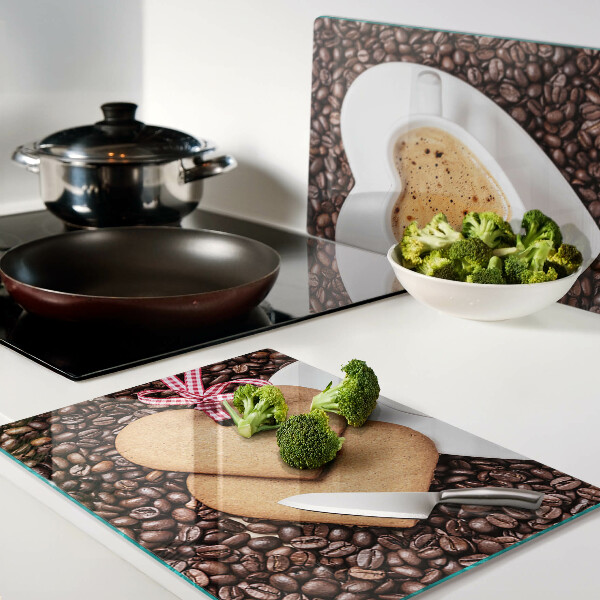 Tagliere in vetro temperato con stampa a tema caffè con cuore e biscotti