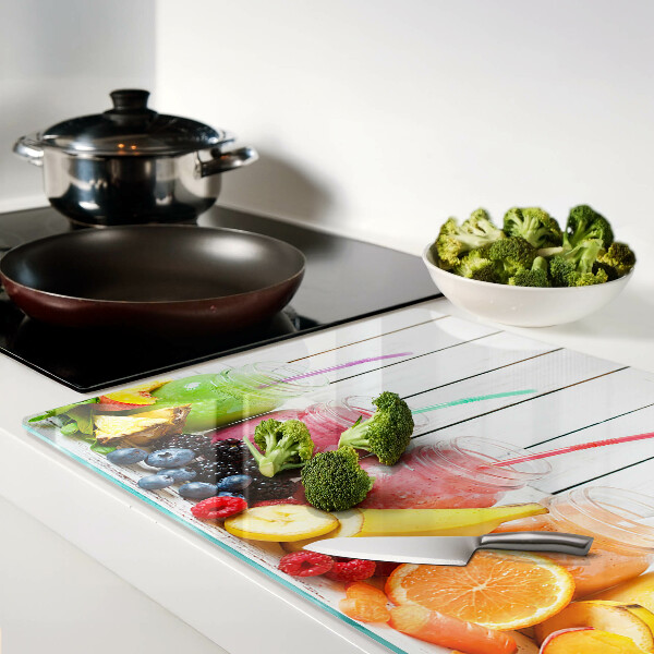 Tagliere in vetro temperato con decoro a cocktail di frutta e guarnizioni