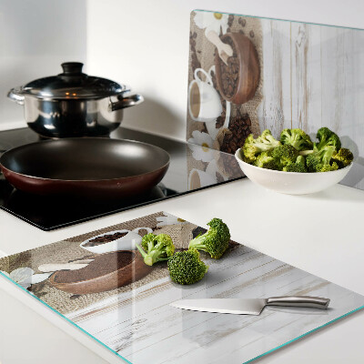 Tagliere in vetro temperato con decorazione a tema caffè con chicchi