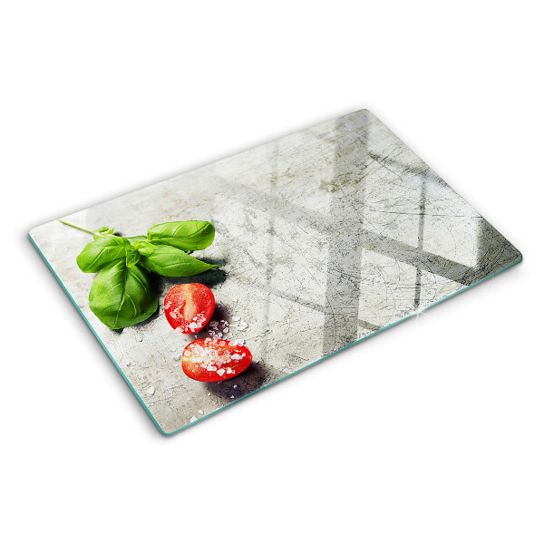 Tagliere in vetro temperato con stampa di pomodori, basilico e sale