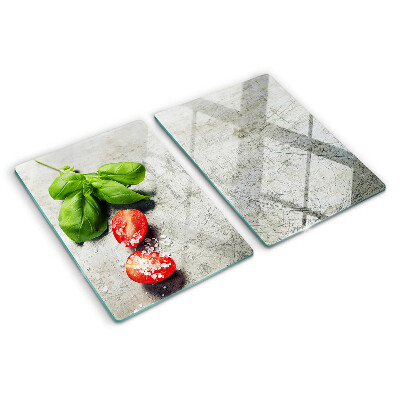 Tagliere in vetro temperato con stampa di pomodori, basilico e sale