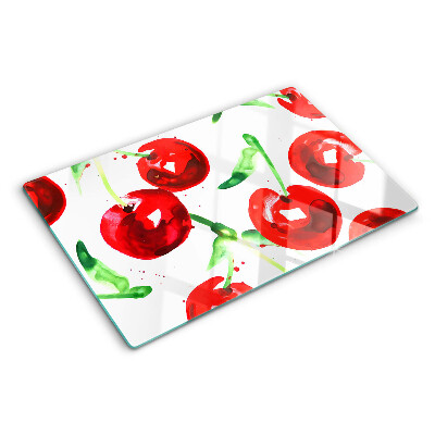 Tagliere in vetro temperato con stampa di ciliegie rosse su sfondo bianco