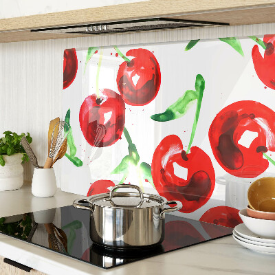 Tagliere in vetro temperato con stampa di ciliegie rosse su sfondo bianco