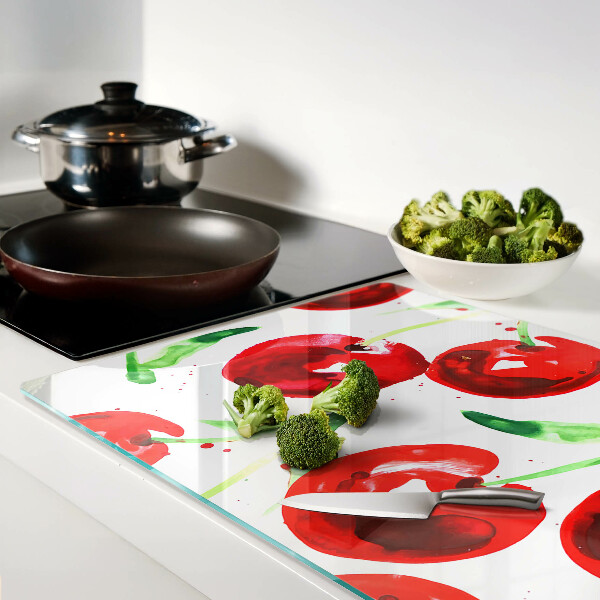 Tagliere in vetro temperato con stampa di ciliegie rosse su sfondo bianco