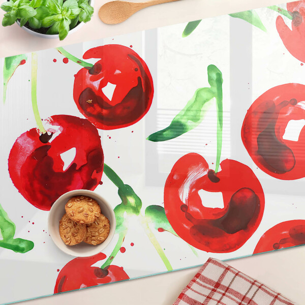 Tagliere in vetro temperato con stampa di ciliegie rosse su sfondo bianco