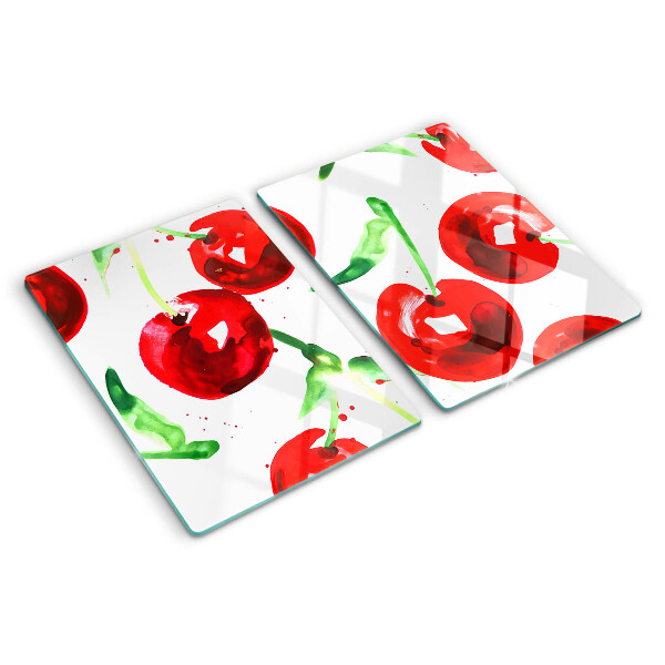 Tagliere in vetro temperato con stampa di ciliegie rosse su sfondo bianco