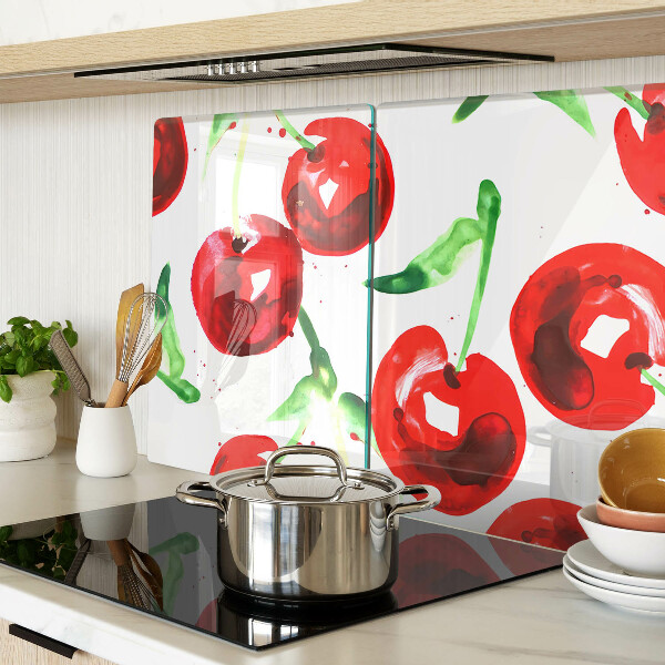 Tagliere in vetro temperato con stampa di ciliegie rosse su sfondo bianco