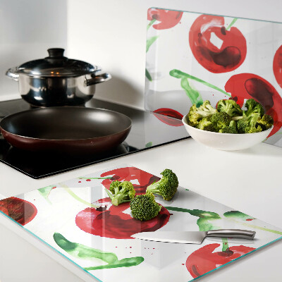 Tagliere in vetro temperato con stampa di ciliegie rosse su sfondo bianco