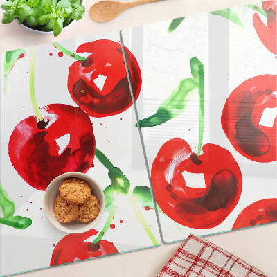 Tagliere in vetro temperato con stampa di ciliegie rosse su sfondo bianco