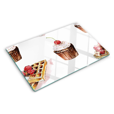Tagliere in vetro temperato con decorazione a waffle e cupcake con ciliegia