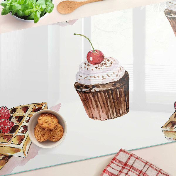 Tagliere in vetro temperato Waffle e cupcake con ciliegia