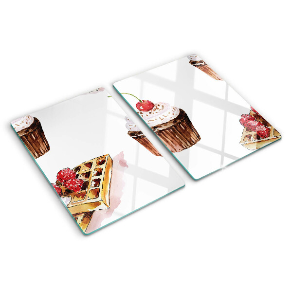 Tagliere in vetro temperato con decorazione a waffle e cupcake con ciliegia