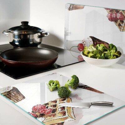 Tagliere in vetro temperato con decorazione a waffle e cupcake con ciliegia