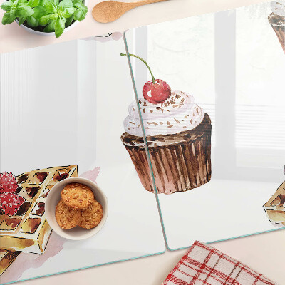 Tagliere in vetro temperato con decorazione a waffle e cupcake con ciliegia