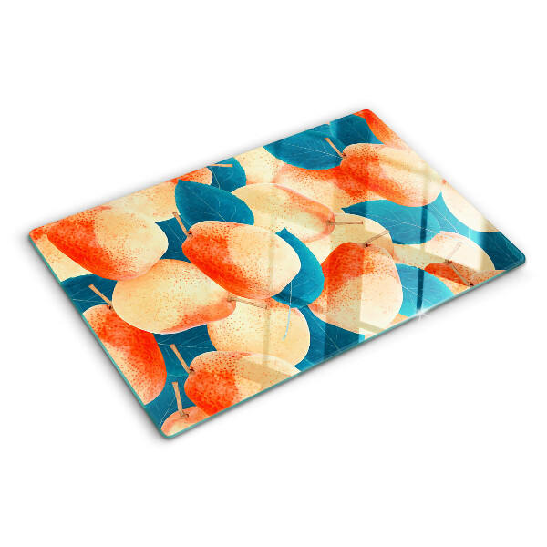 Tagliere in vetro temperato con decoro di pesche su sfondo di foglie