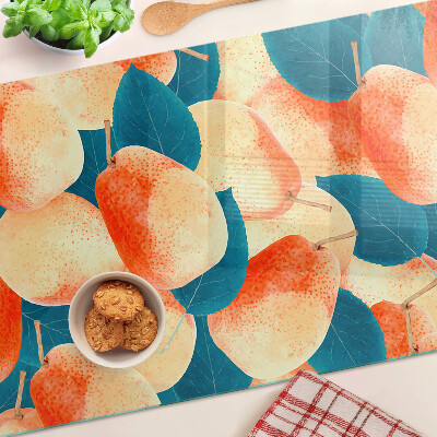 Tagliere in vetro temperato con decoro di pesche su sfondo di foglie