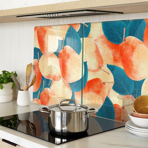 Tagliere in vetro temperato con decoro di pesche su sfondo di foglie