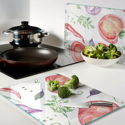 Tagliere in vetro con decoro ad acquerello a tema verdure