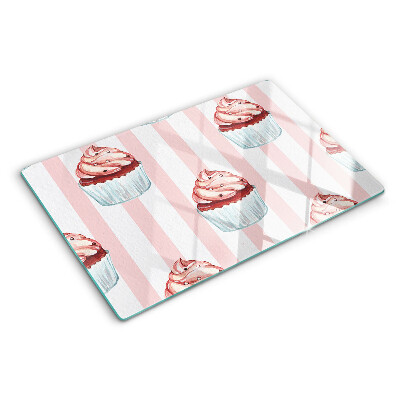 Tagliere in vetro temperato con motivo di cupcake su sfondo a strisce rosa