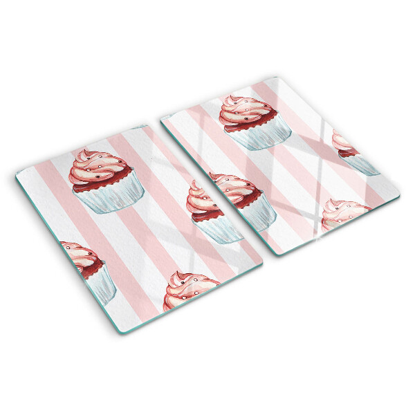 Tagliere in vetro temperato con motivo di cupcake su sfondo a strisce rosa