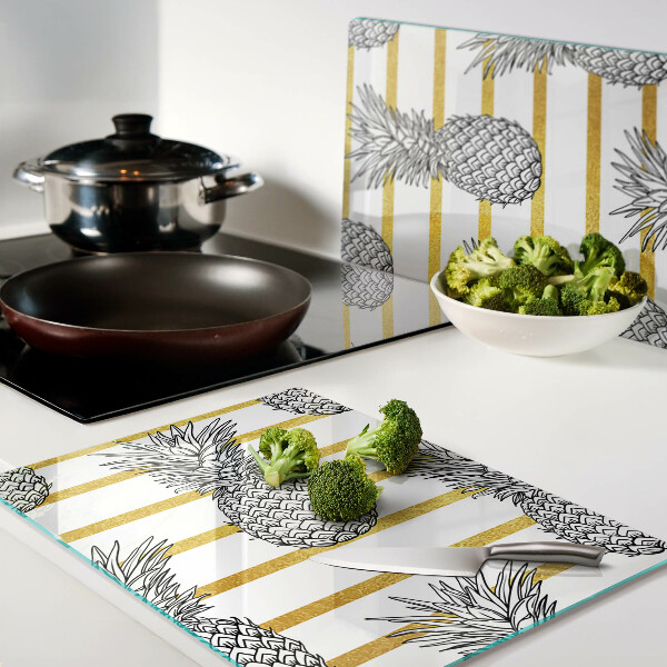 Tagliere in vetro con motivo ananas su sfondo a righe