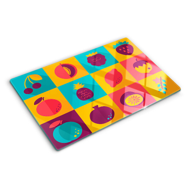 Tagliere in vetro temperato con motivo di frutta a quadrati colorati