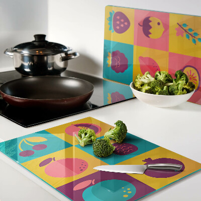 Tagliere in vetro temperato con motivo di frutta a quadrati colorati