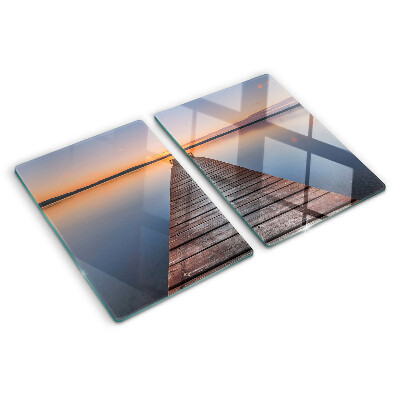 Tagliere in vetro temperato con stampa raffigurante un pontile sul lago al tramonto
