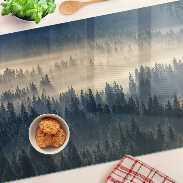 Tagliere in vetro con stampa a tema scenario boschivo nebbioso