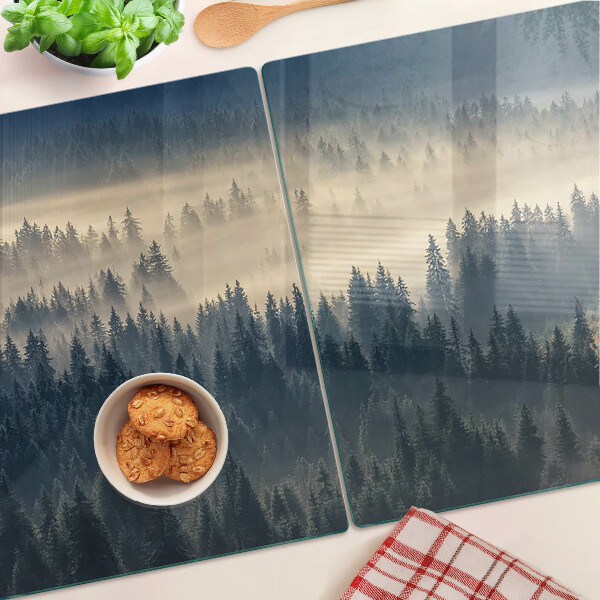 Tagliere in vetro con stampa a tema scenario boschivo nebbioso