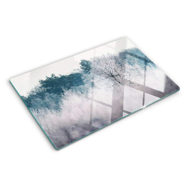 Tagliere in vetro temperato con motivo paesaggio invernale con alberi
