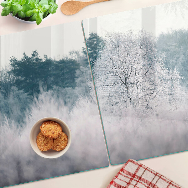 Tagliere in vetro temperato con motivo paesaggio invernale con alberi