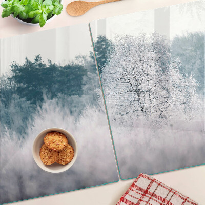 Tagliere in vetro temperato con motivo paesaggio invernale con alberi